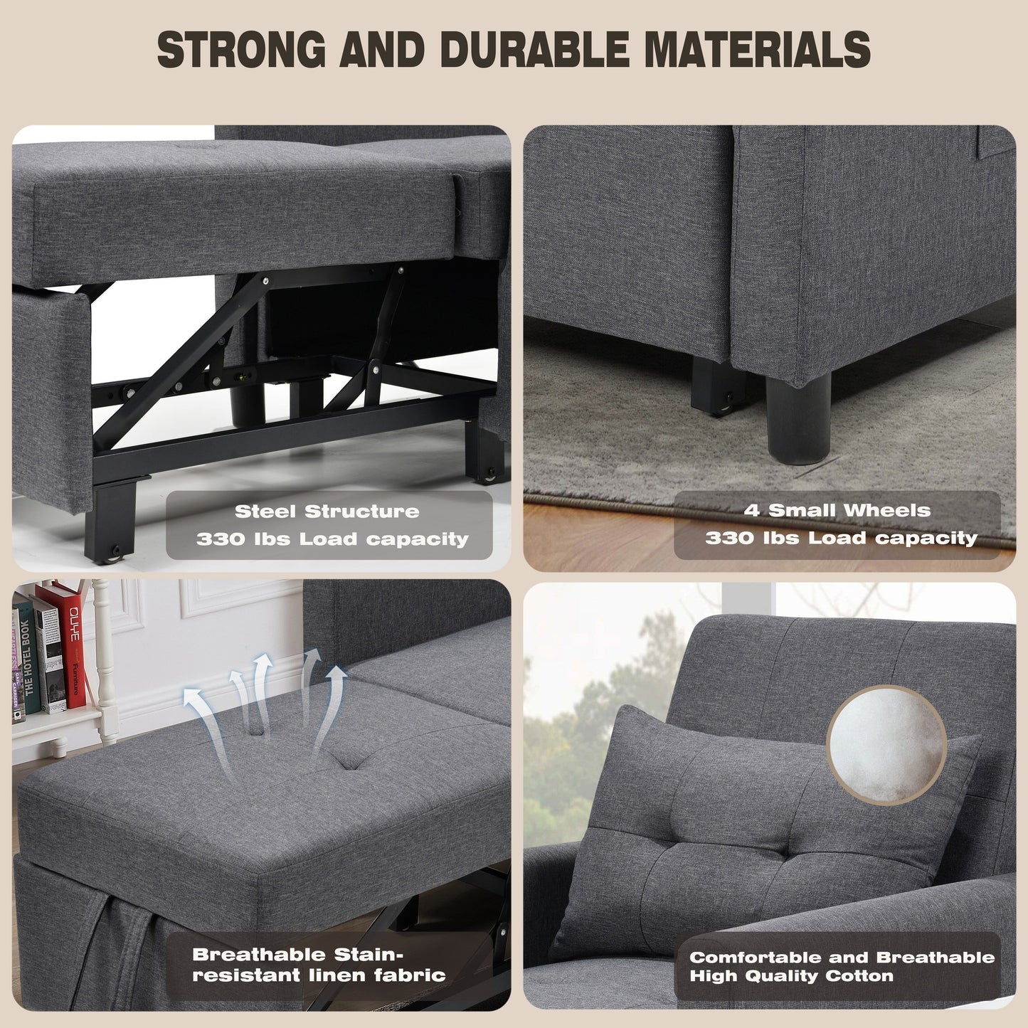 Canapé-lit convertible 3 en 1 gris foncé moderne de 27,5 pouces avec dossier réglable et oreiller pour le salon