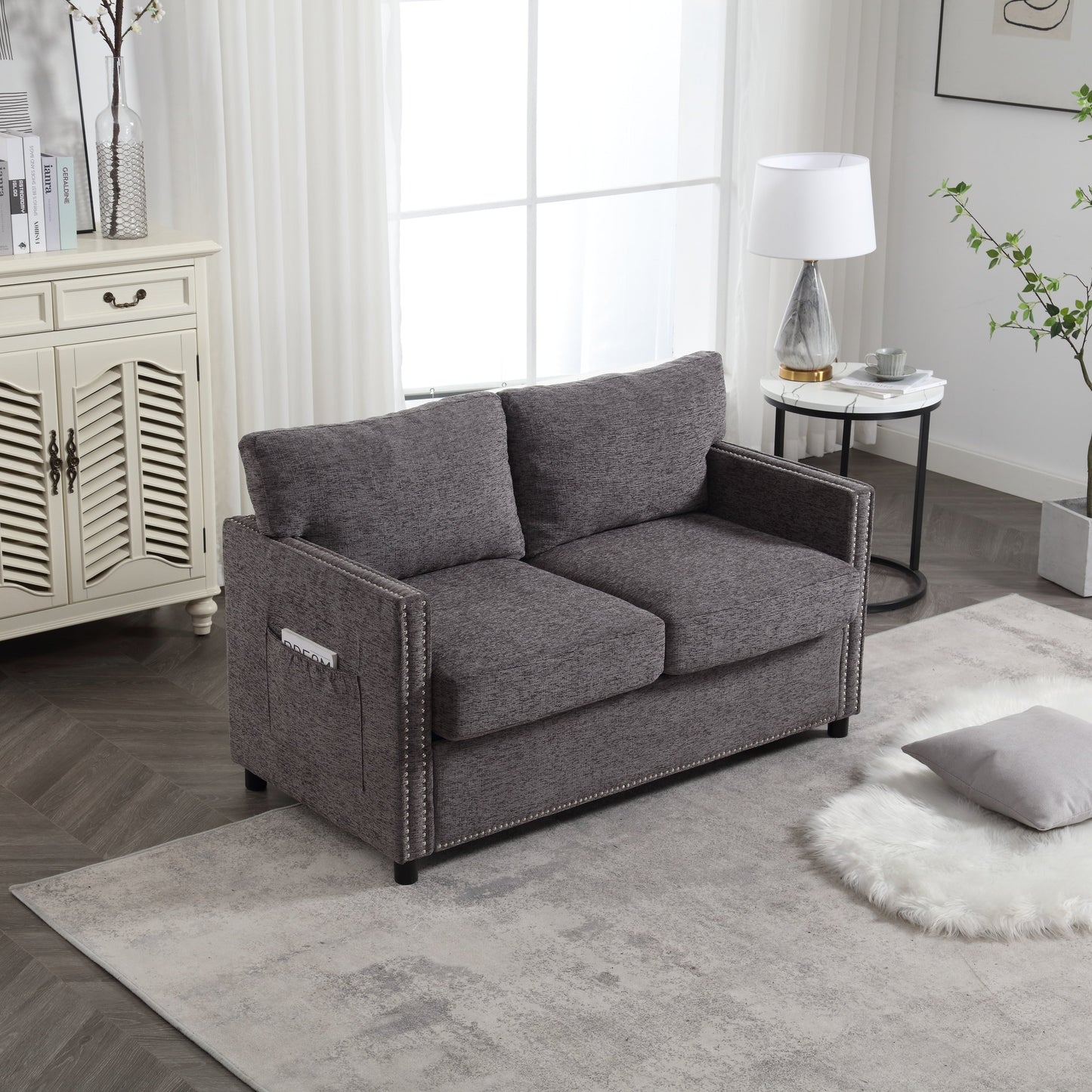 Canapé causeuse gris foncé moderne 52,36 pouces en chenille avec poche et clous pour le salon