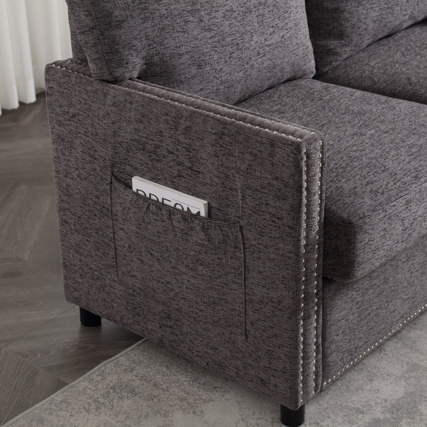 Canapé causeuse gris foncé moderne 52,36 pouces en chenille avec poche et clous pour le salon
