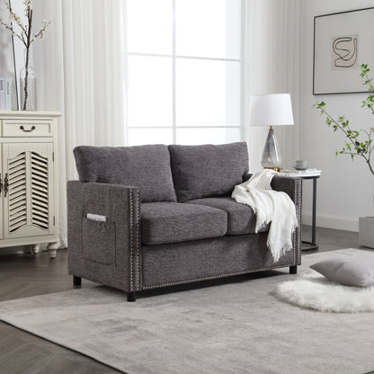 Canapé causeuse gris foncé moderne 52,36 pouces en chenille avec poche et clous pour le salon