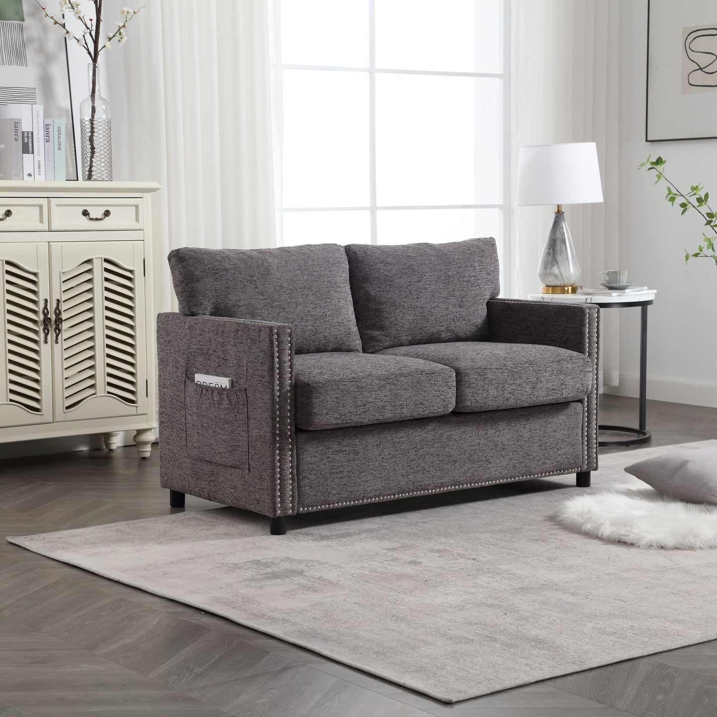 Canapé causeuse gris foncé moderne 52,36 pouces en chenille avec poche et clous pour le salon