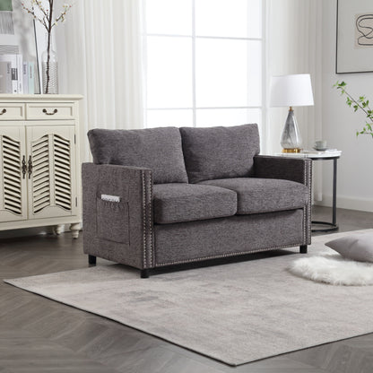 Canapé causeuse gris foncé moderne 52,36 pouces en chenille avec poche et clous pour le salon