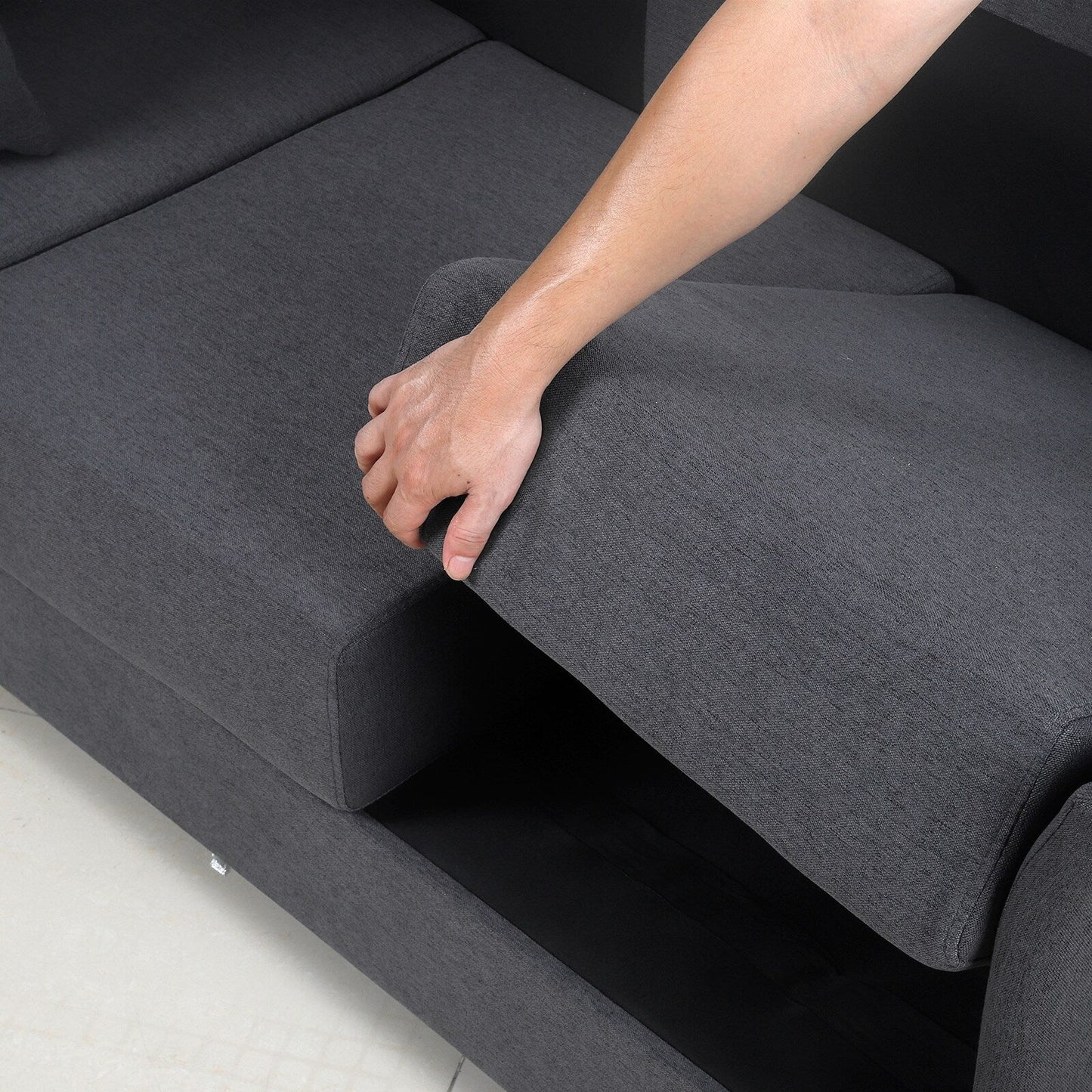 Canapé 3 places moderne gris foncé en lin 65,55 $ avec structure en métal et coussins pour le salon