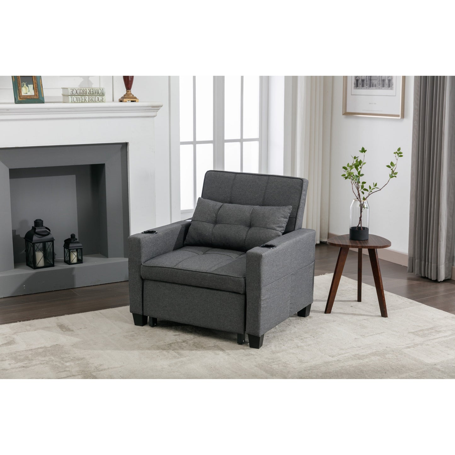 Canapé convertible 3 en 1 en lin gris foncé 68.12 avec ports USB et tissu résistant à l'usure pour le salon