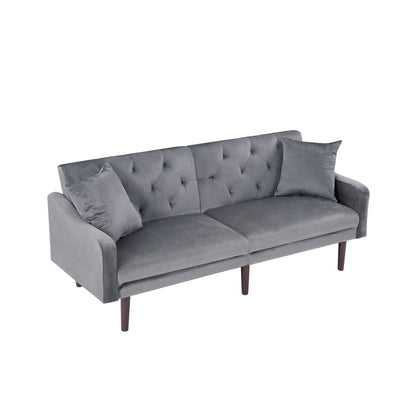 Canapé-lit 3 places en velours gris foncé 71 avec deux coussins décoratifs et cadre en bois massif pour le salon