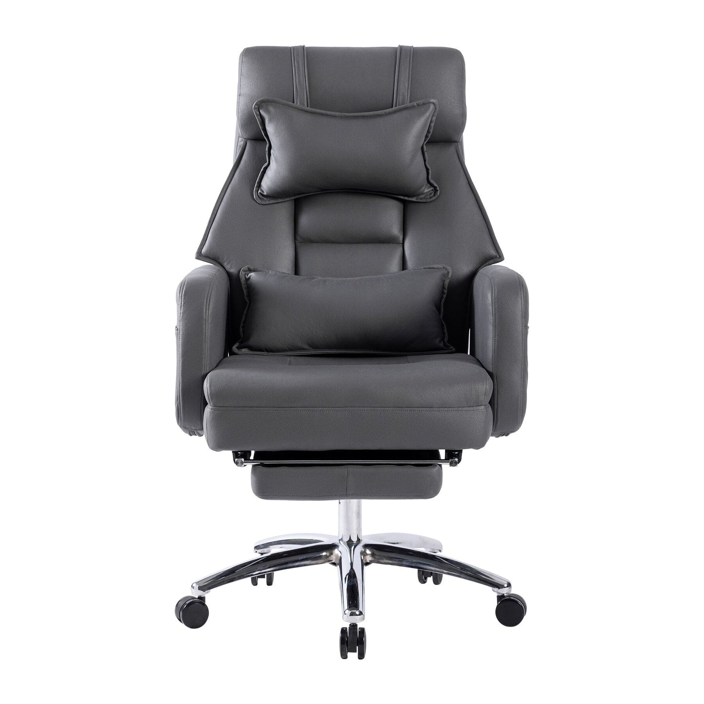 Fauteuil de bureau inclinable manuel pivotant à 360° en cuir gris foncé avec support lombaire, appui-tête, repose-pieds et hauteur réglable