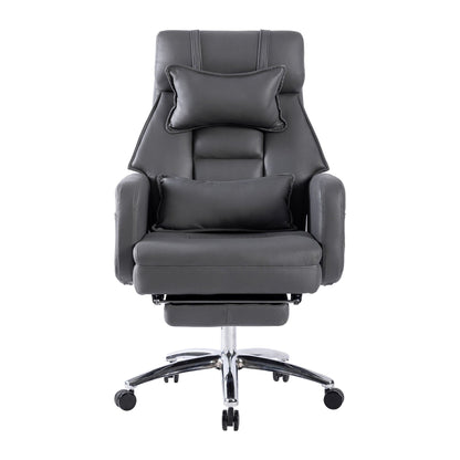 Fauteuil de bureau inclinable manuel pivotant à 360° en cuir gris foncé avec support lombaire, appui-tête, repose-pieds et hauteur réglable