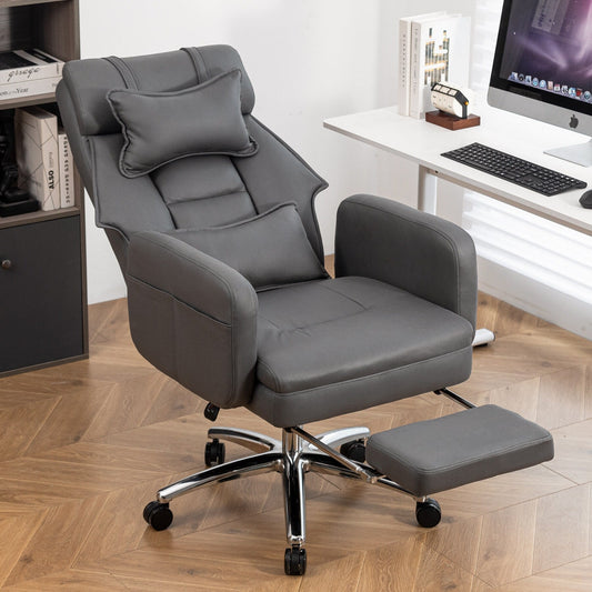 Fauteuil de bureau inclinable manuel pivotant à 360° en cuir gris foncé avec support lombaire, appui-tête, repose-pieds et hauteur réglable