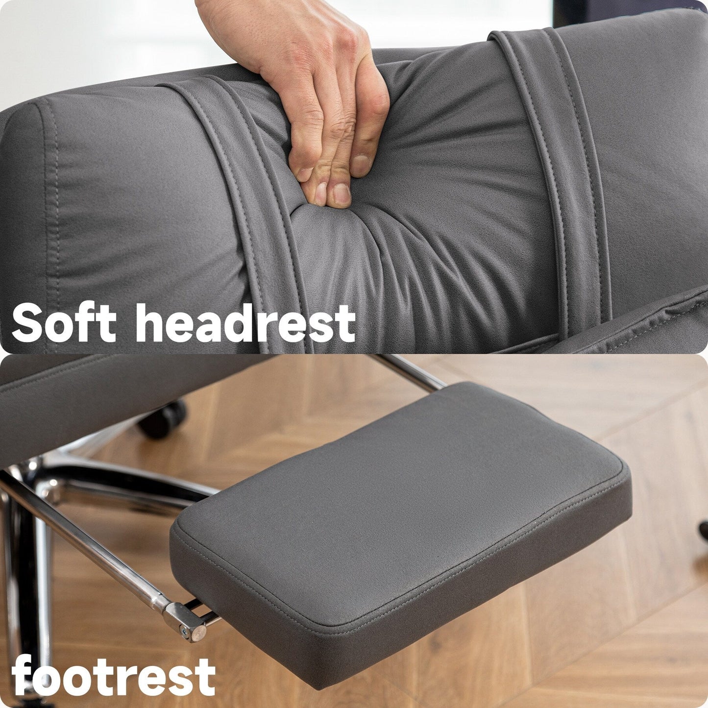 Fauteuil de bureau inclinable manuel pivotant à 360° en cuir gris foncé avec support lombaire, appui-tête, repose-pieds et hauteur réglable