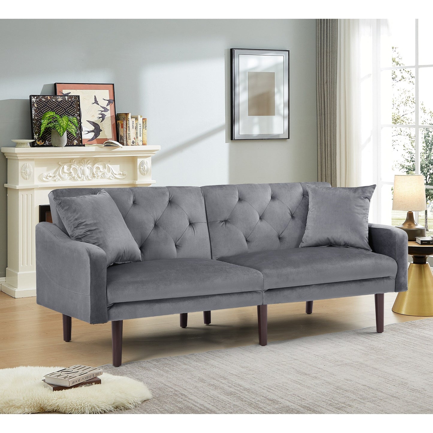 Canapé-lit 3 places en velours gris foncé avec coussins décoratifs et cadre en bois