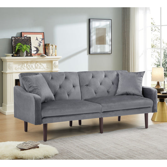 Canapé-lit 3 places en velours gris foncé avec coussins décoratifs et cadre en bois