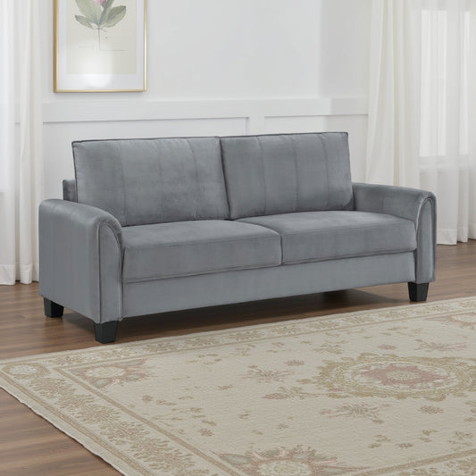 Canapé Dave, tissu gris, accoudoirs arrondis, pieds fuselés noirs, 203 cm