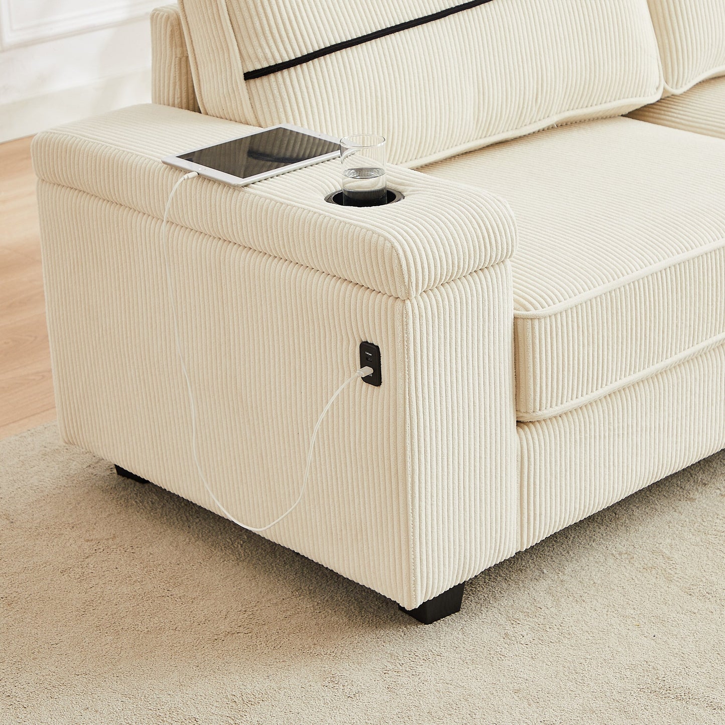 Canapé 86,5 places à assise profonde avec rangement, chargement USB et porte-gobelets - Canapé confortable en velours côtelé