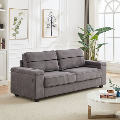 Canapé 86,5 places à assise profonde avec rangement, chargement USB et porte-gobelets - Canapé confortable en velours côtelé