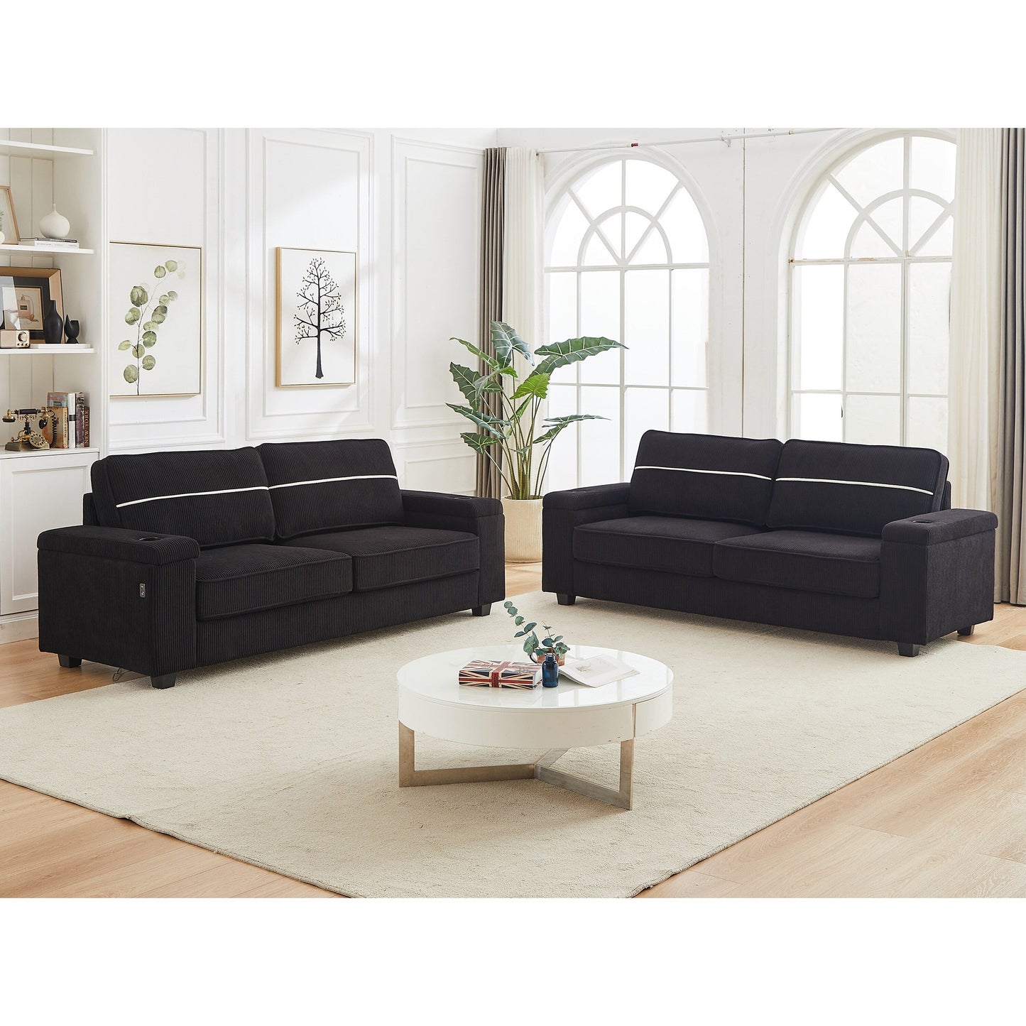 Canapé 86,5 places à assise profonde avec rangement, chargement USB et porte-gobelets - Canapé confortable en velours côtelé