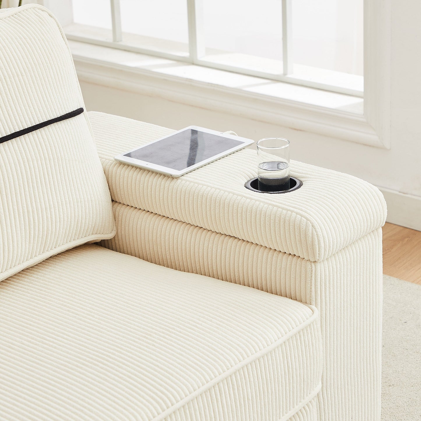 Canapé 86,5 places à assise profonde avec rangement, chargement USB et porte-gobelets - Canapé confortable en velours côtelé