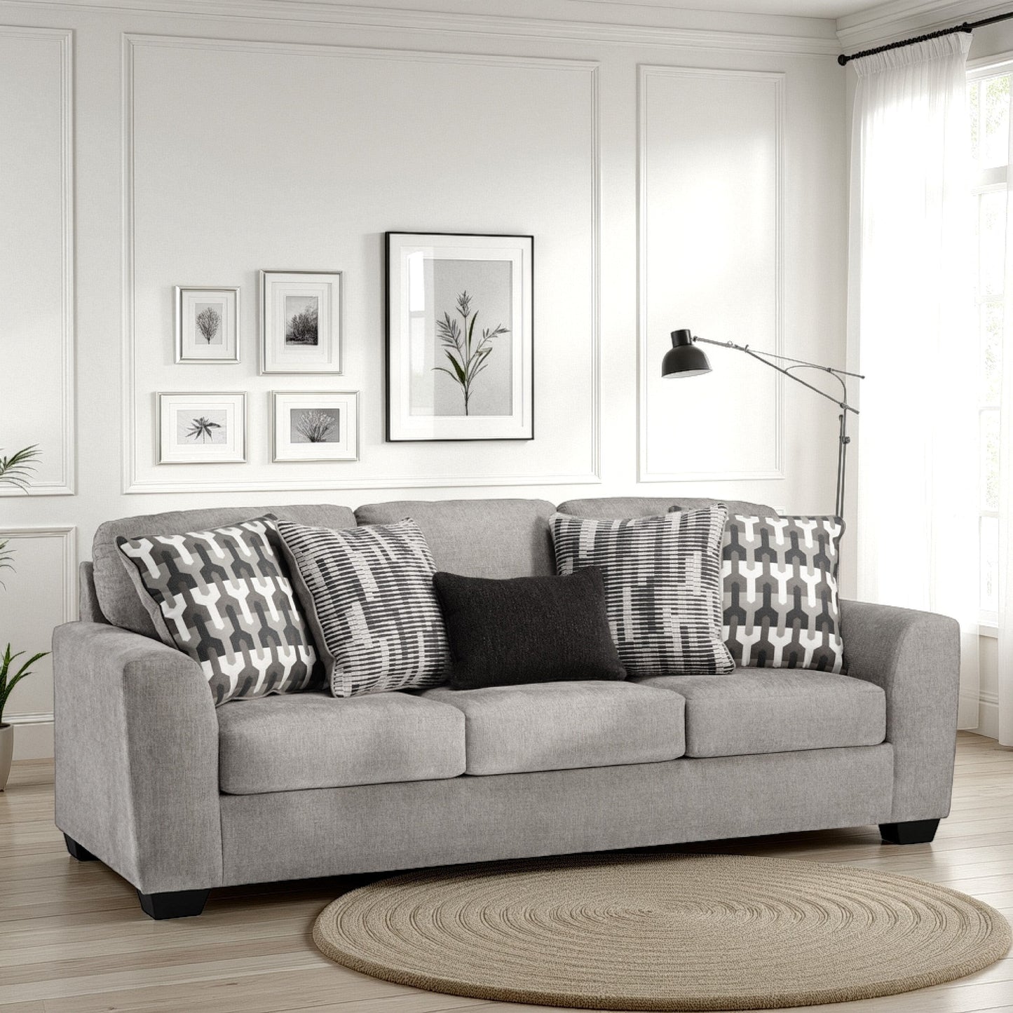 Canapé Delaney, polyester gris, 5 coussins décoratifs, noir, 246 cm
