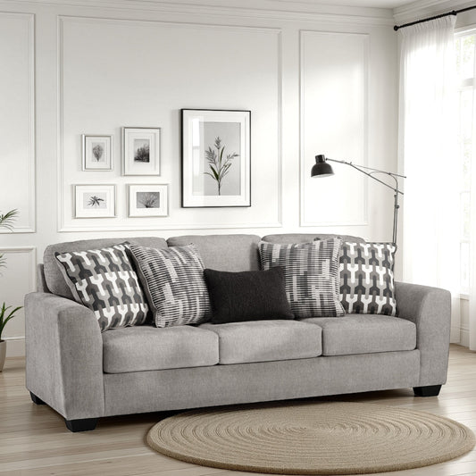 Canapé Delaney, polyester gris, 5 coussins décoratifs, noir, 246 cm