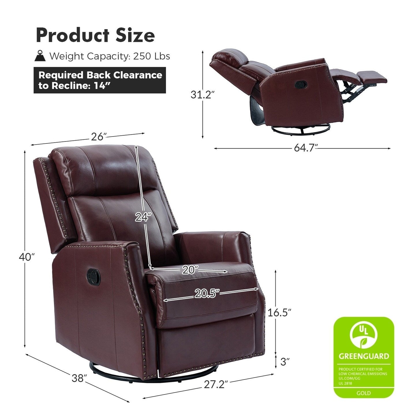 Lot de 2 chaises pivotantes modernes en cuir véritable Demeter pour chambre d'enfant avec garnitures cloutées par HULALA HOME