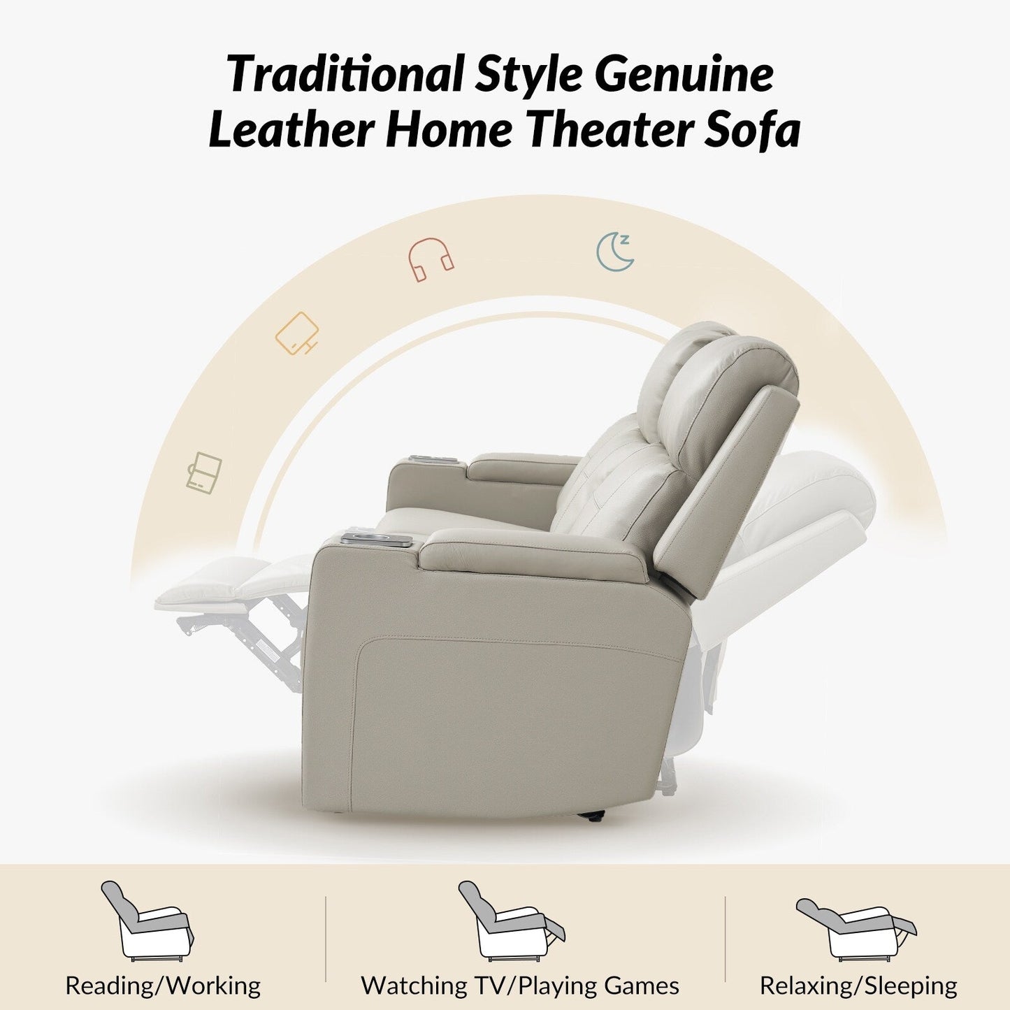 Canapé inclinable électrique Dolores 82,5 pouces de large en cuir véritable avec rangement et porte-gobelet par HULALA HOME