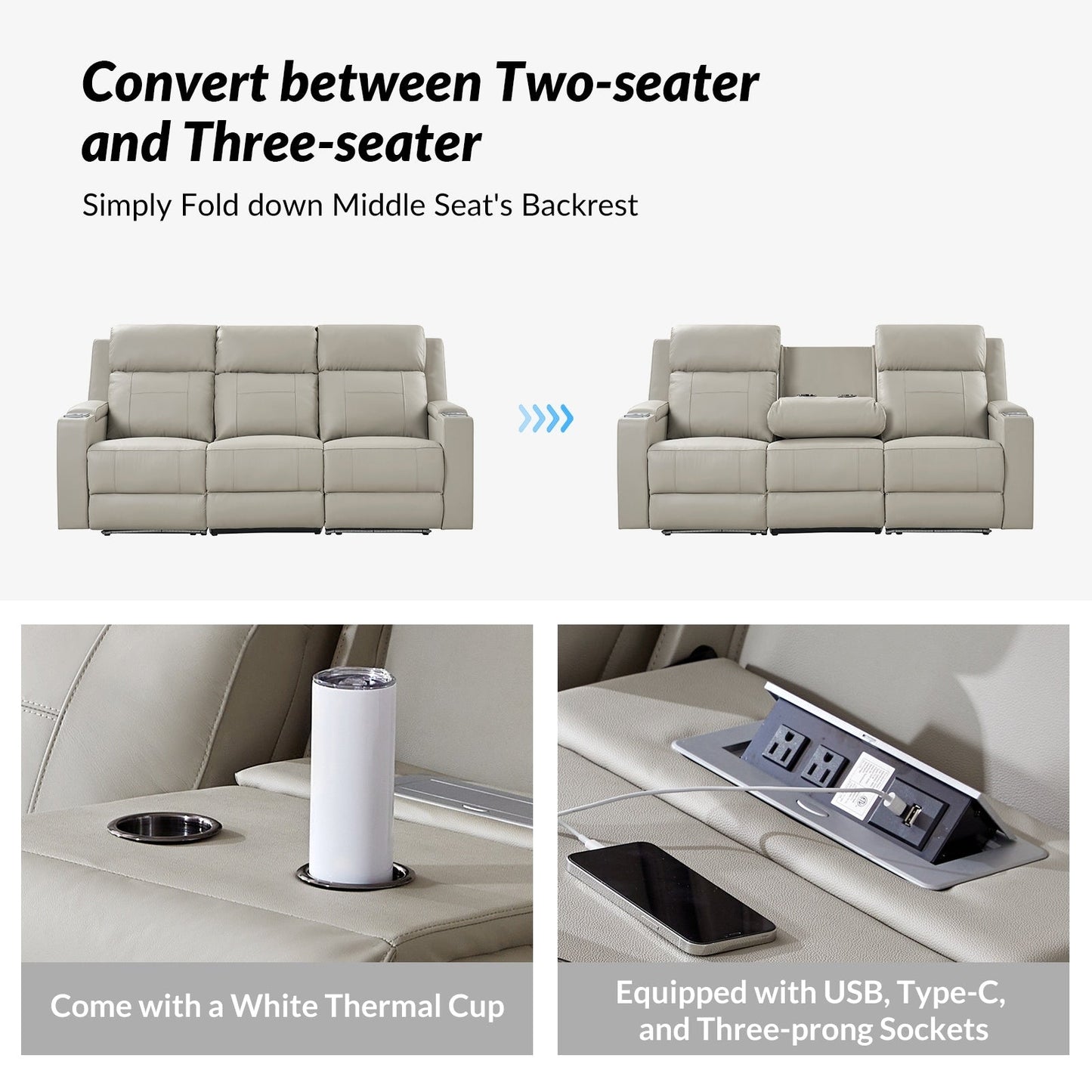 Canapé inclinable électrique Dolores 82,5 pouces de large en cuir véritable avec rangement et porte-gobelet par HULALA HOME