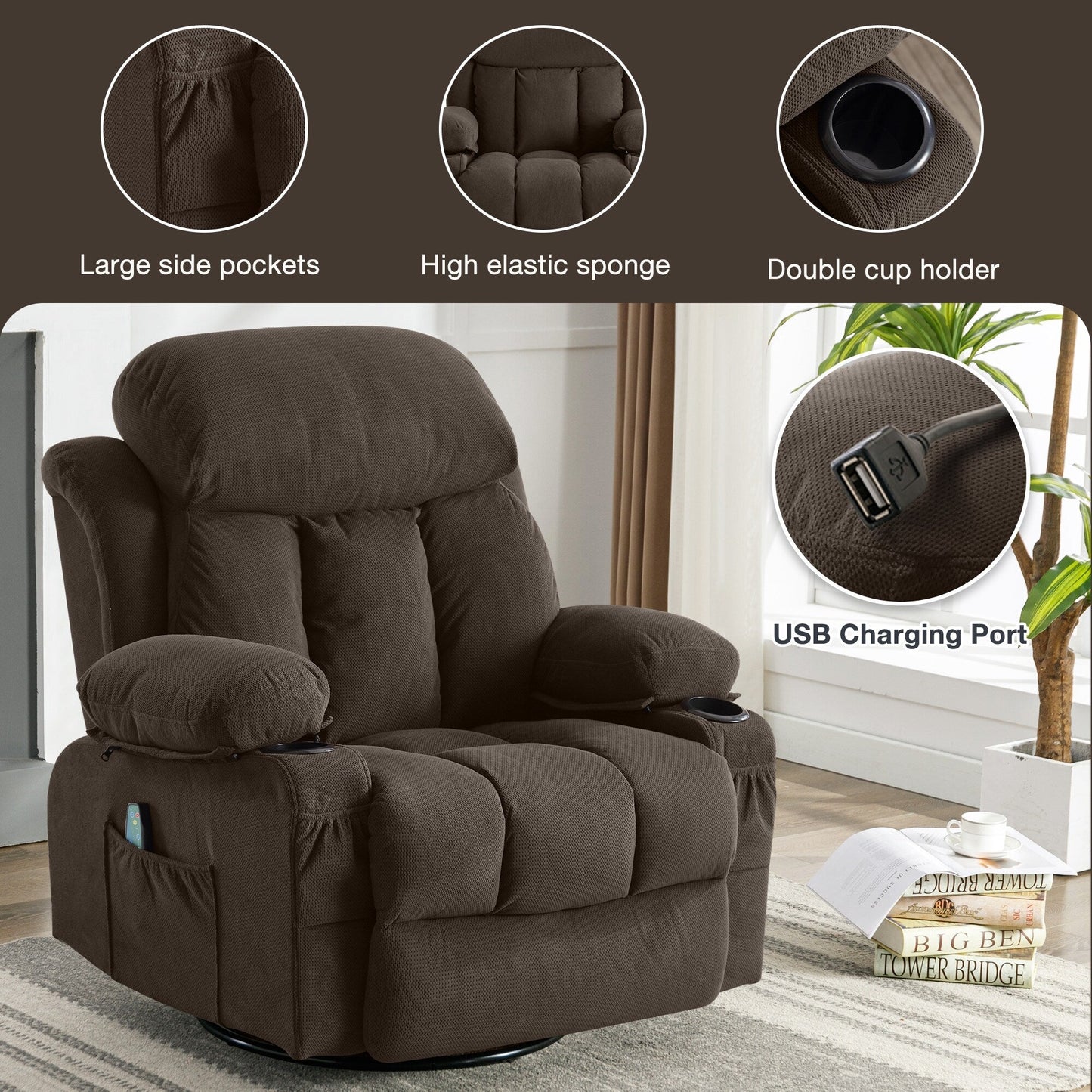 Fauteuil inclinable manuel chauffant de massage en velours à pois avec base pivotante à 360°