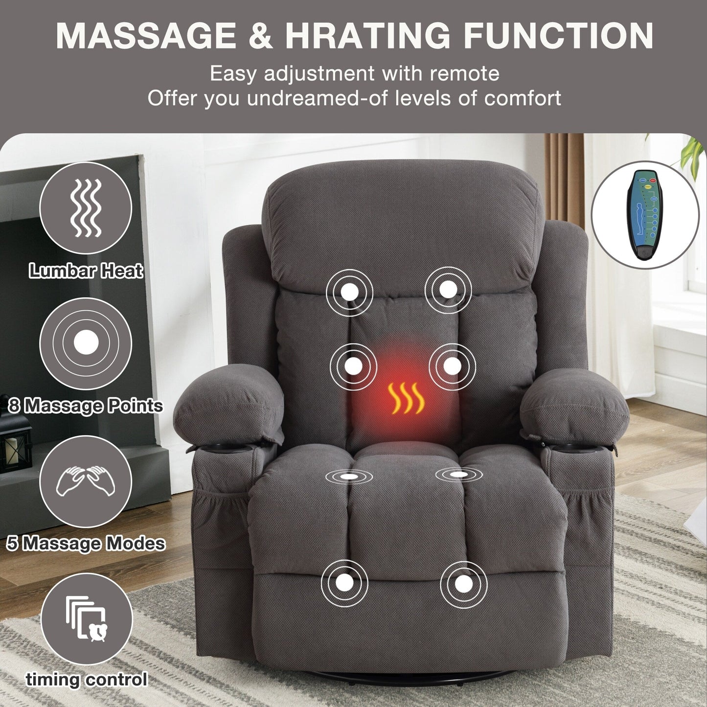 Fauteuil inclinable manuel chauffant de massage en velours à pois avec base pivotante à 360°