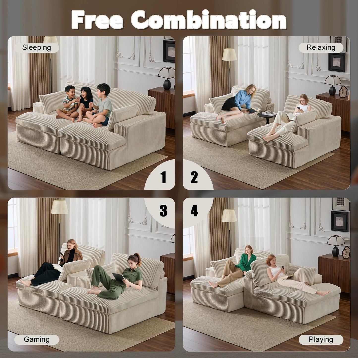 Chaise longue double d'intérieur surdimensionnée, canapé-lit rembourré, chaise longue sectionnelle en velours côtelé, chaise de salon sans assemblage