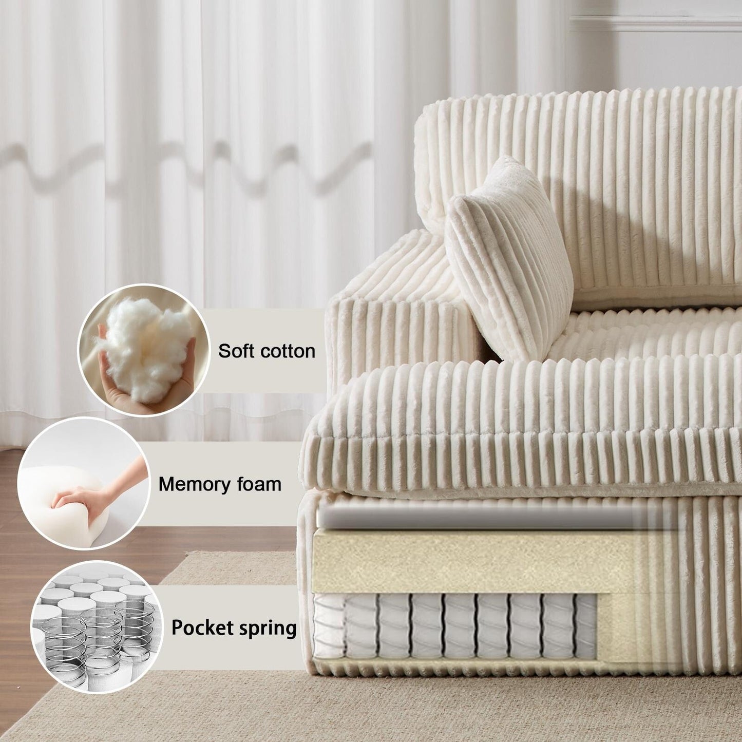 Chaise longue double d'intérieur surdimensionnée, canapé-lit rembourré, chaise longue sectionnelle en velours côtelé, chaise de salon sans assemblage