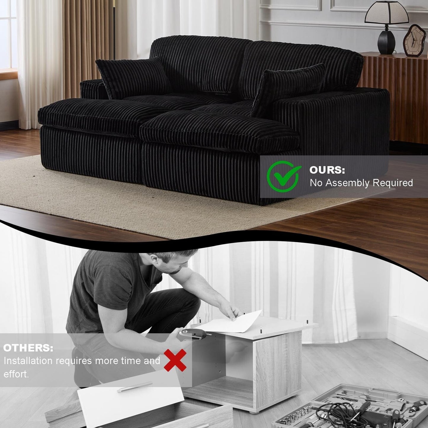 Chaise longue double d'intérieur surdimensionnée, canapé-lit rembourré, chaise longue sectionnelle en velours côtelé, chaise de salon sans assemblage