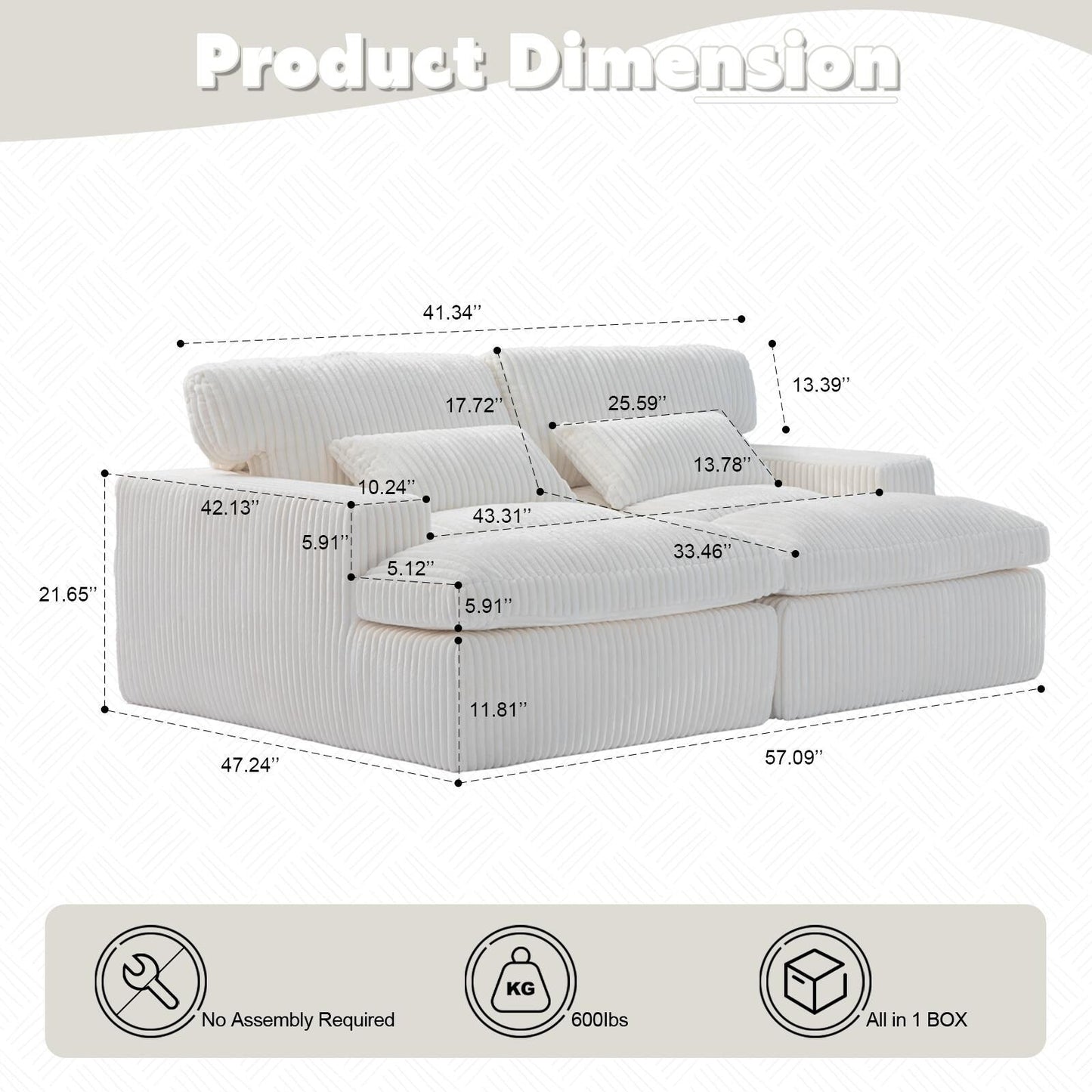 Chaise longue double d'intérieur surdimensionnée, canapé-lit rembourré, chaise longue sectionnelle en velours côtelé, chaise de salon sans assemblage