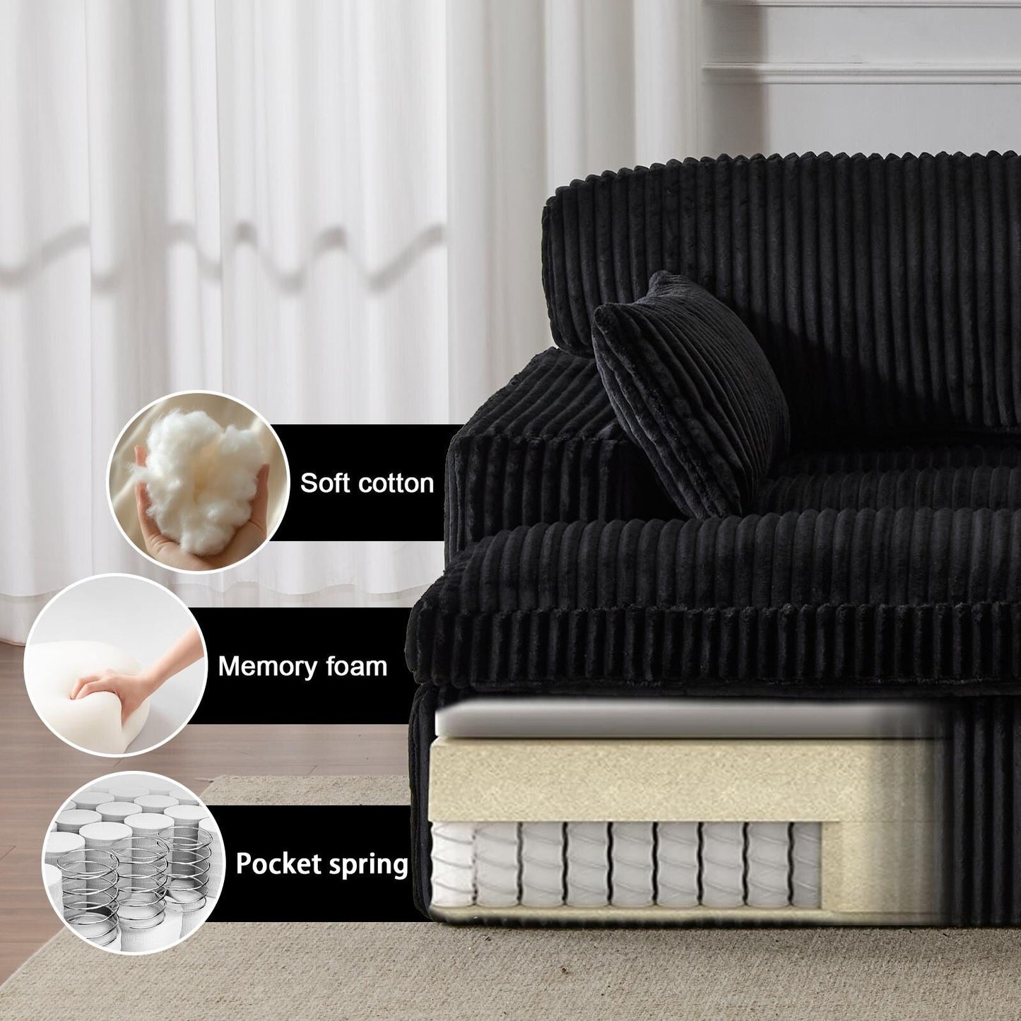 Chaise longue double d'intérieur surdimensionnée, canapé-lit rembourré, chaise longue sectionnelle en velours côtelé, chaise de salon sans assemblage