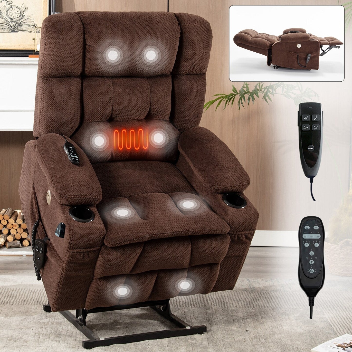 Fauteuil inclinable électrique à double moteur en chenille pour personnes âgées, canapé de salon Lazy Boy avec massage, chauffage et deux porte-gobelets