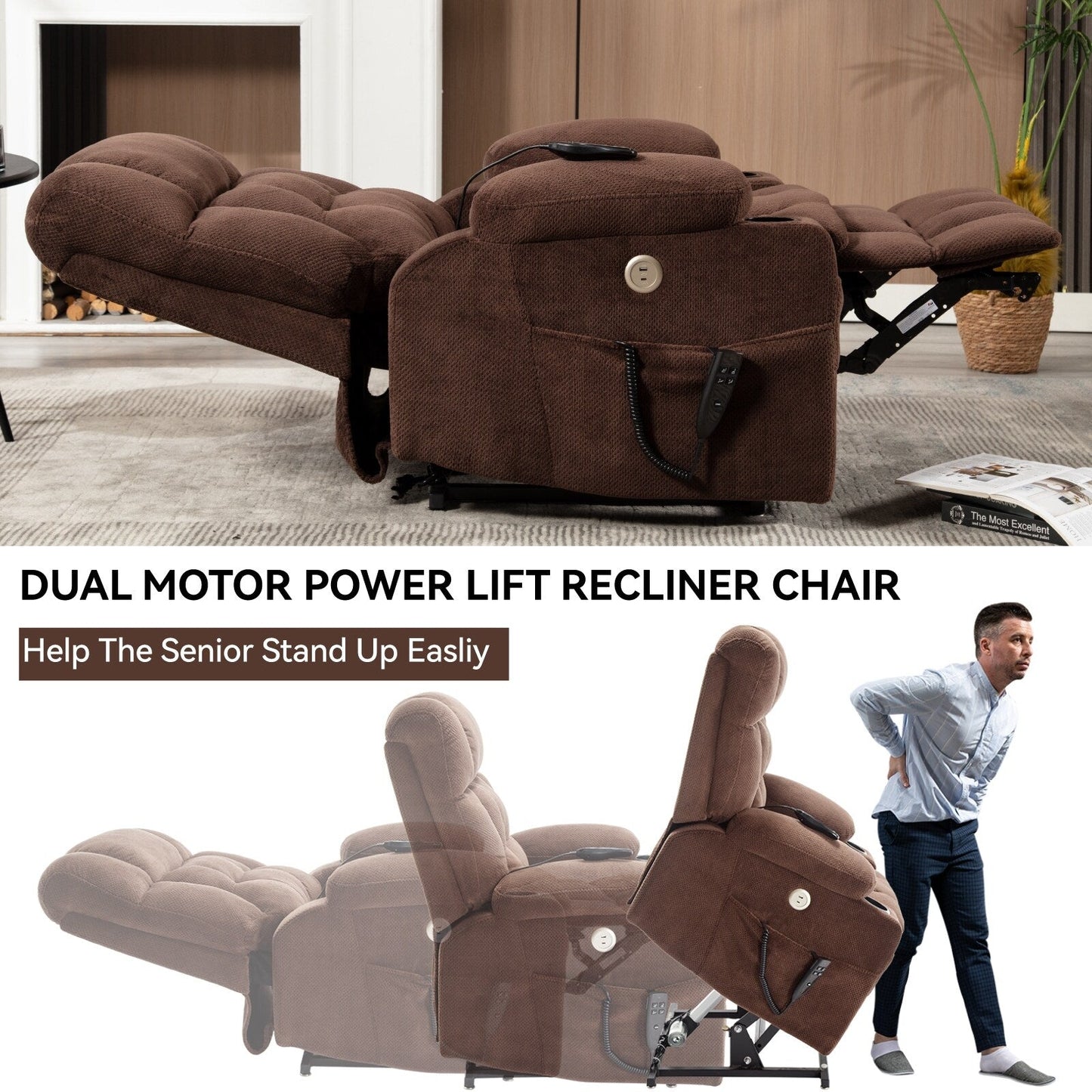 Fauteuil inclinable électrique à double moteur en chenille pour personnes âgées, canapé de salon Lazy Boy avec massage, chauffage et deux porte-gobelets