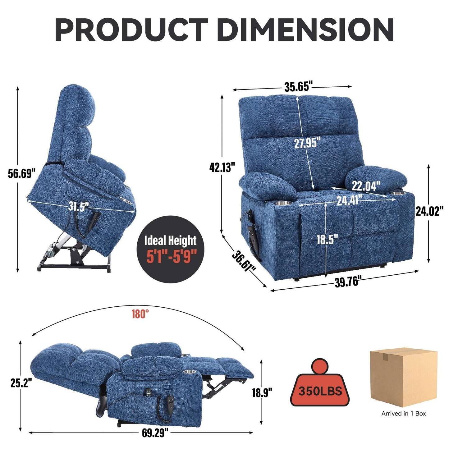 Fauteuil inclinable électrique à double moteur en chenille, mécanisme de mouvement robuste avec massage et chauffage lombaire, deux porte-gobelets