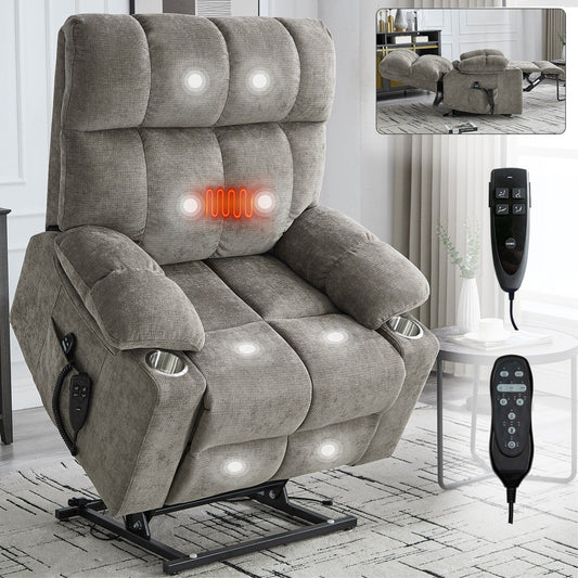 Fauteuil inclinable électrique à double moteur en chenille, mécanisme de mouvement robuste avec massage et chauffage lombaire, deux porte-gobelets