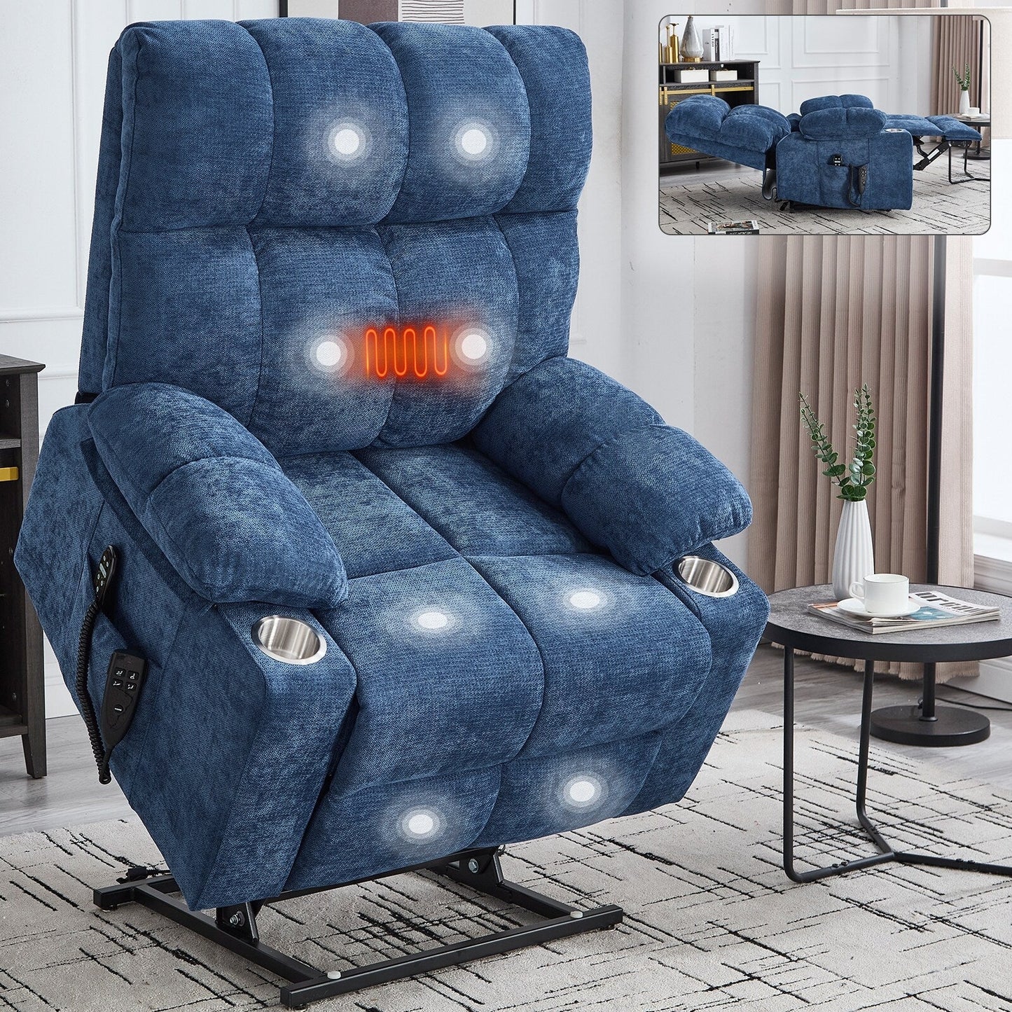 Fauteuil inclinable électrique à double moteur en chenille, mécanisme de mouvement robuste avec massage et chauffage lombaire, deux porte-gobelets