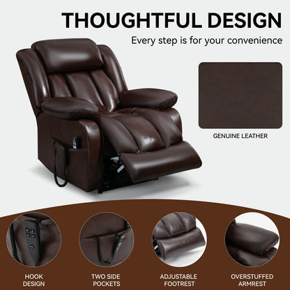 Fauteuil inclinable électrique à double moteur avec massage à 8 points, chauffage lombaire et revêtement en cuir véritable