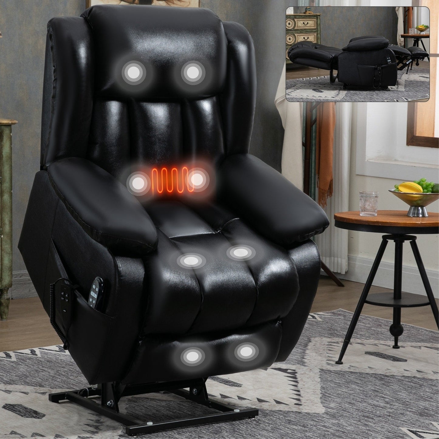 Fauteuil inclinable électrique à double moteur avec massage à 8 points, chauffage lombaire et revêtement en cuir véritable