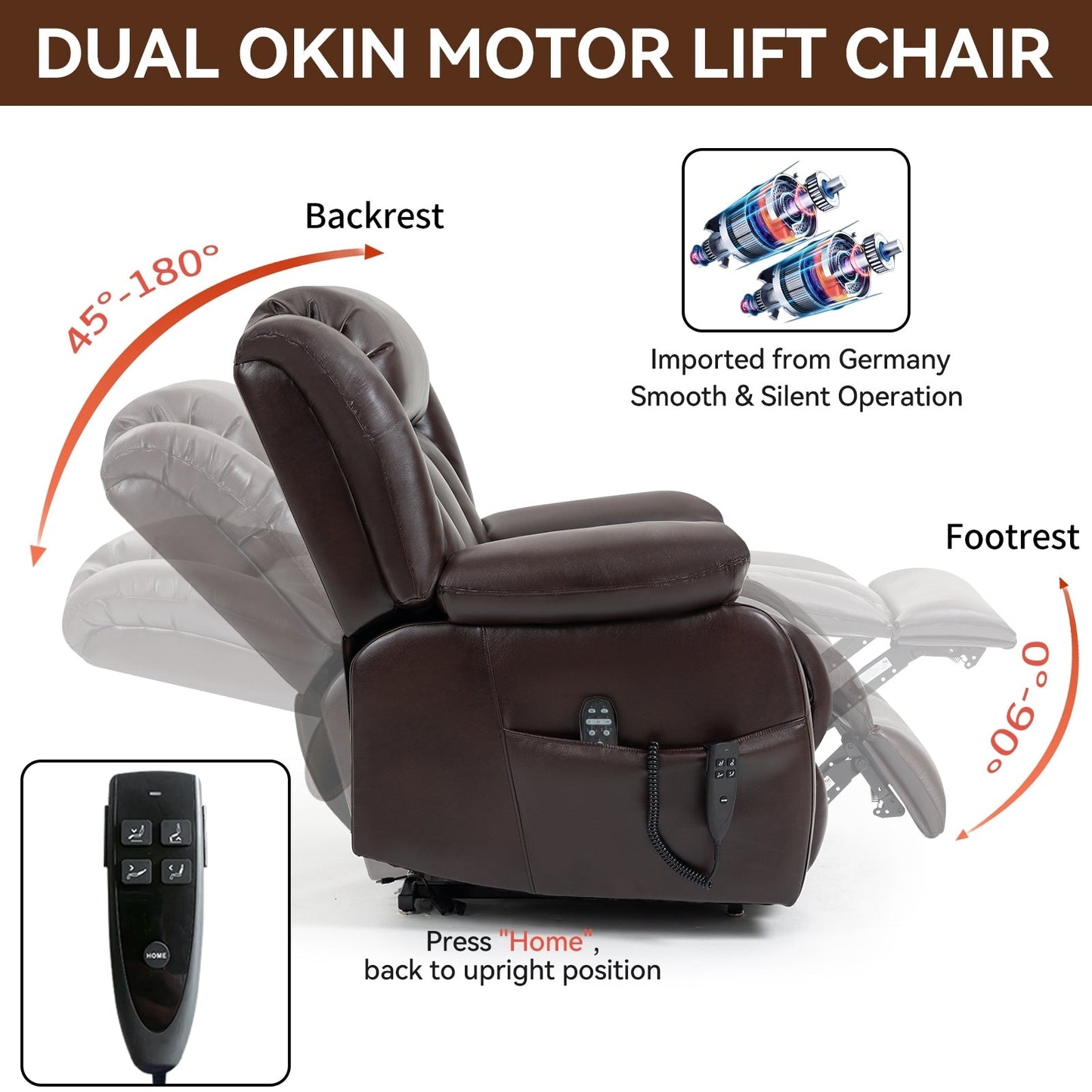 Fauteuil inclinable électrique à double moteur avec massage à 8 points, chauffage lombaire et revêtement en cuir véritable