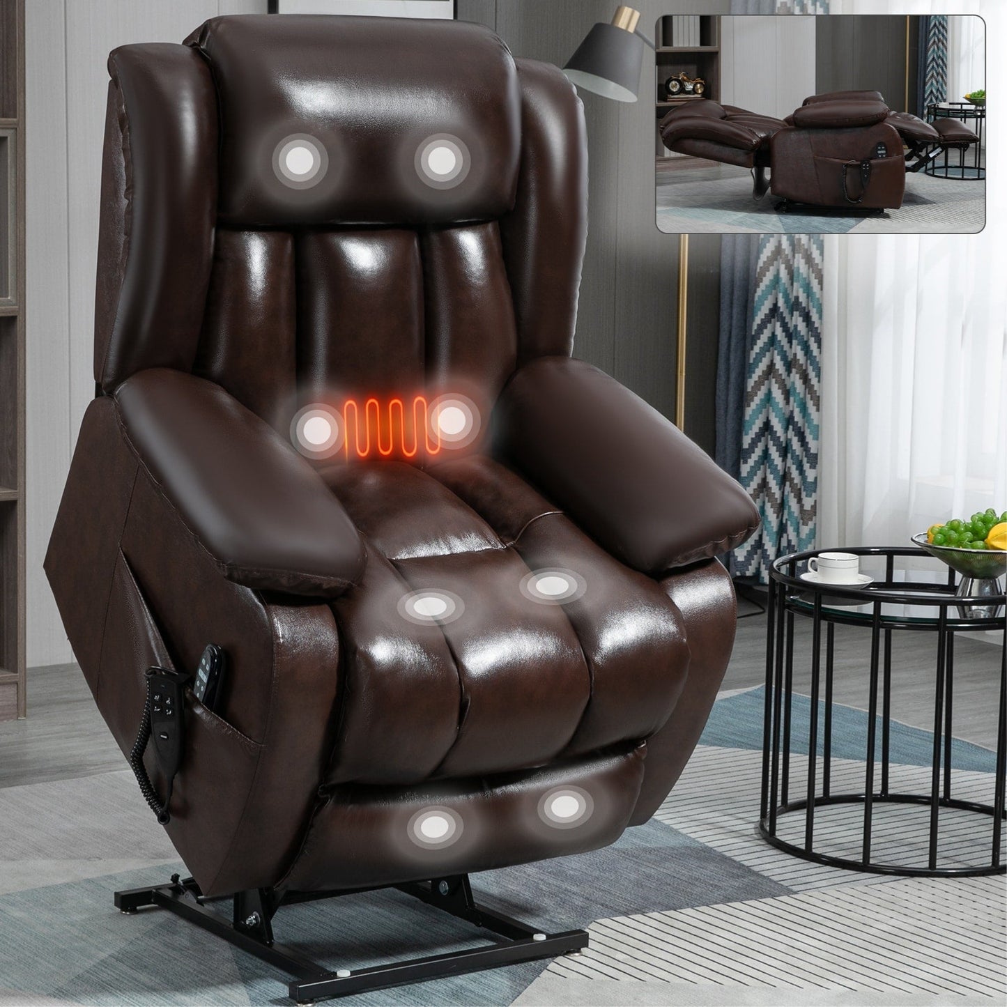 Fauteuil inclinable électrique à double moteur avec massage à 8 points, chauffage lombaire et revêtement en cuir véritable