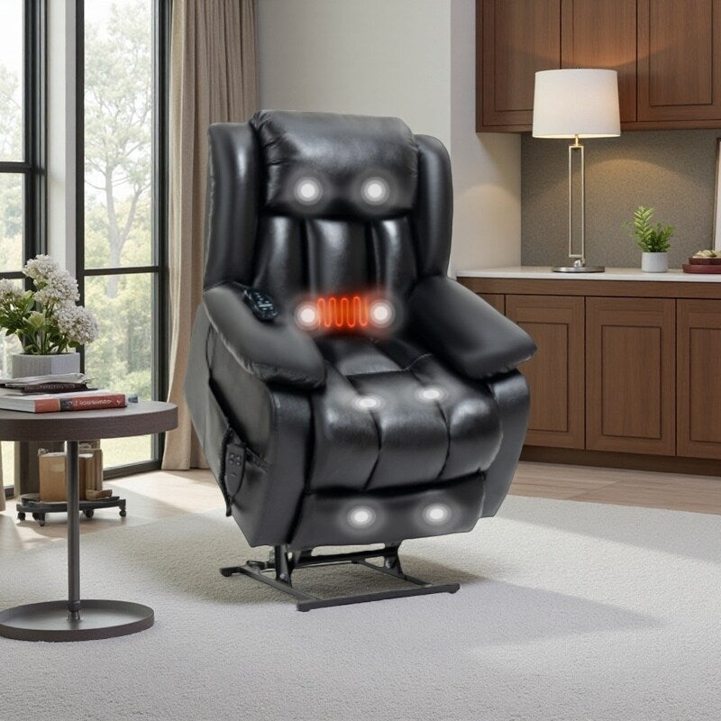 Fauteuil inclinable électrique à double moteur avec massage à 8 points, chauffage lombaire et revêtement en cuir véritable