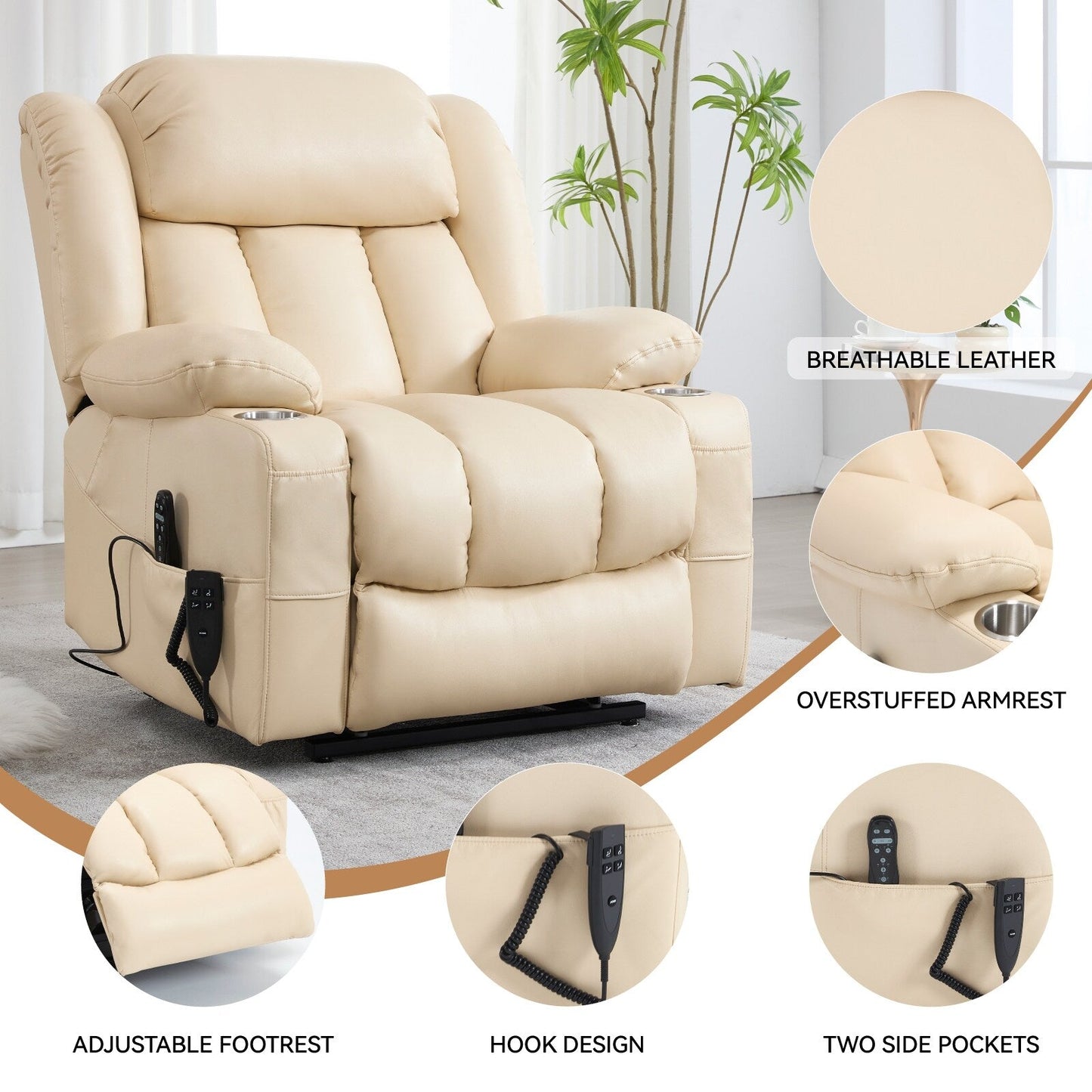 Fauteuil inclinable électrique à double moteur en similicuir pour adulte, canapé inclinable simple avec massage, chauffage lombaire et porte-gobelets