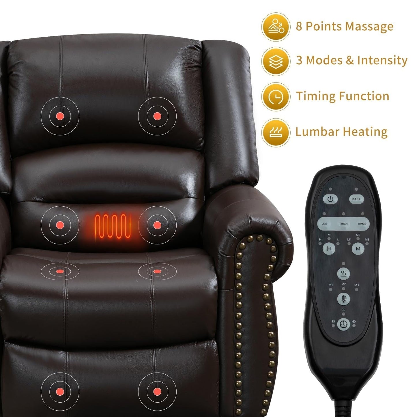 Fauteuils inclinables releveurs en cuir véritable à deux moteurs, chauffage massant et ports USB