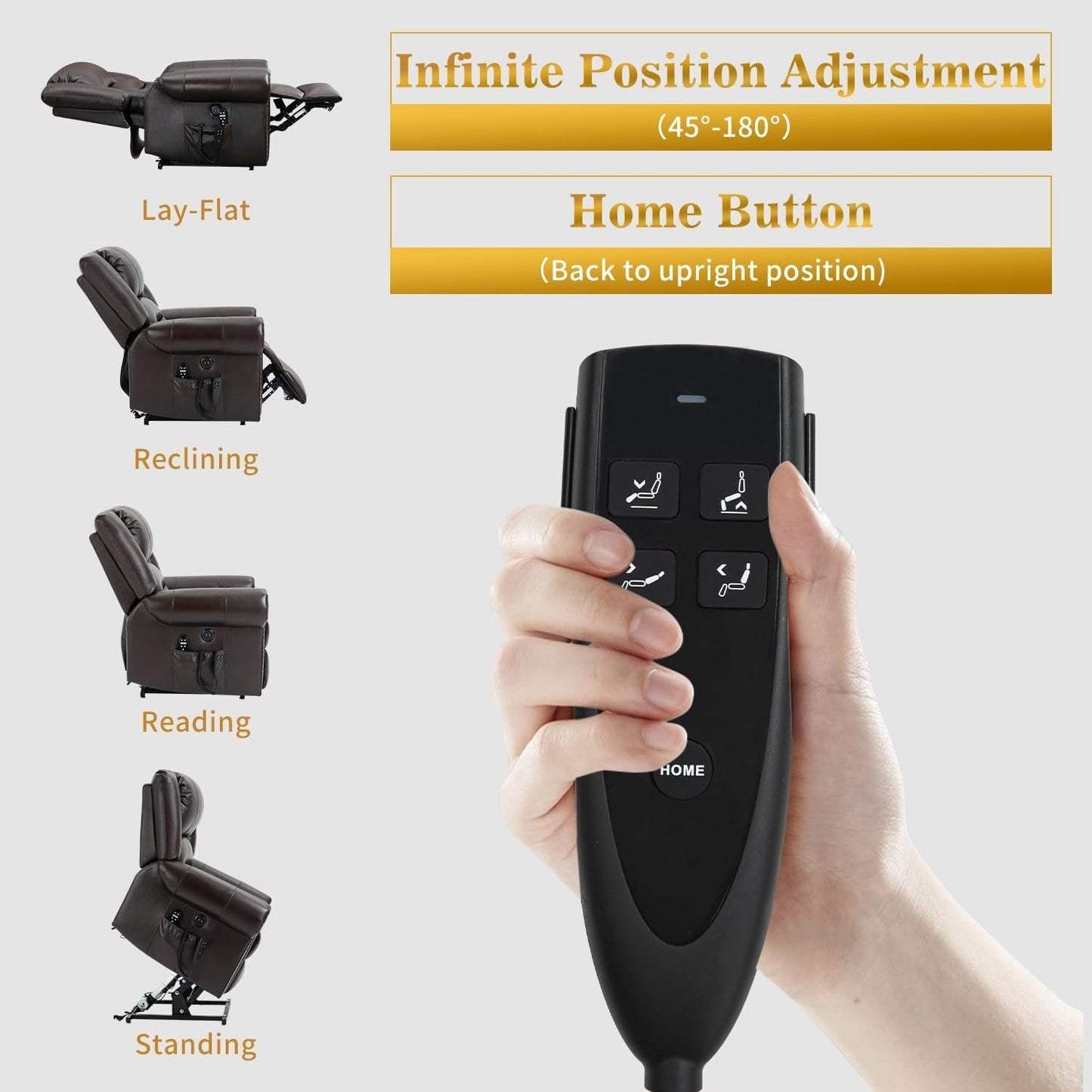 Fauteuils inclinables releveurs en cuir véritable à deux moteurs, chauffage massant et ports USB