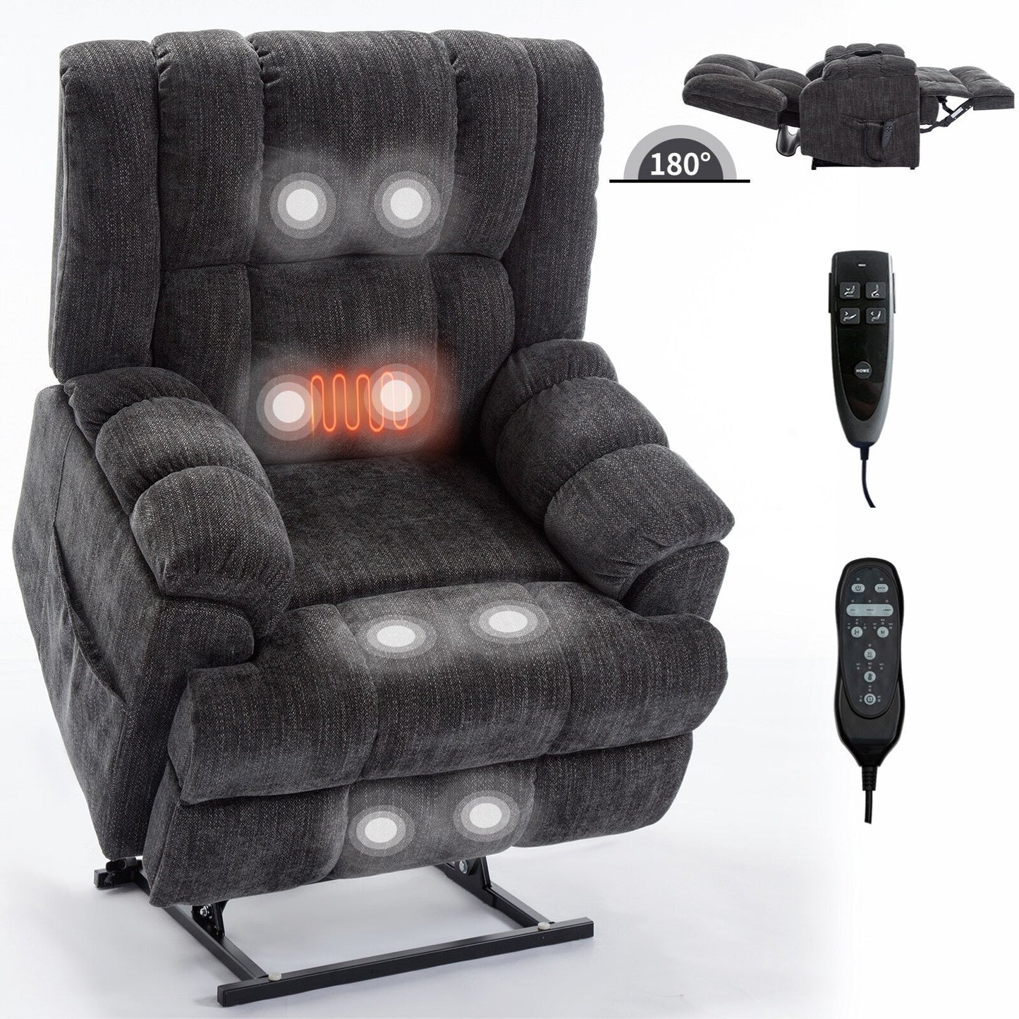 Fauteuil inclinable à double moteur, massage thermique et releveur, positions infinies