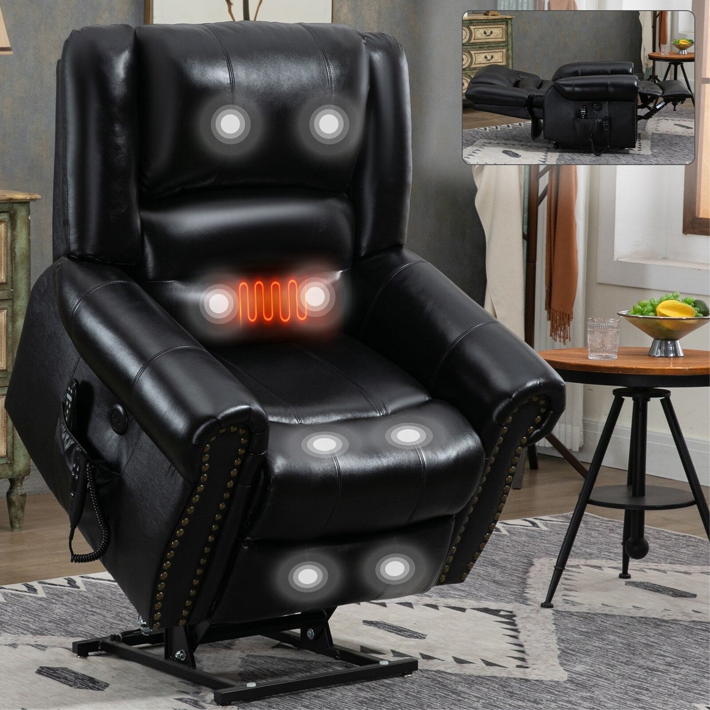 Fauteuil inclinable à double moteur, position infinie, massage thermique et électrique, mécanisme de mouvement robuste avec ports USB et poches latérales