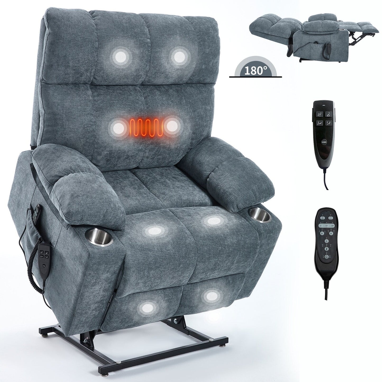 Fauteuil inclinable électrique à double moteur, position infinie, mécanisme de mouvement robuste avec massage et chauffage, deux porte-gobelets