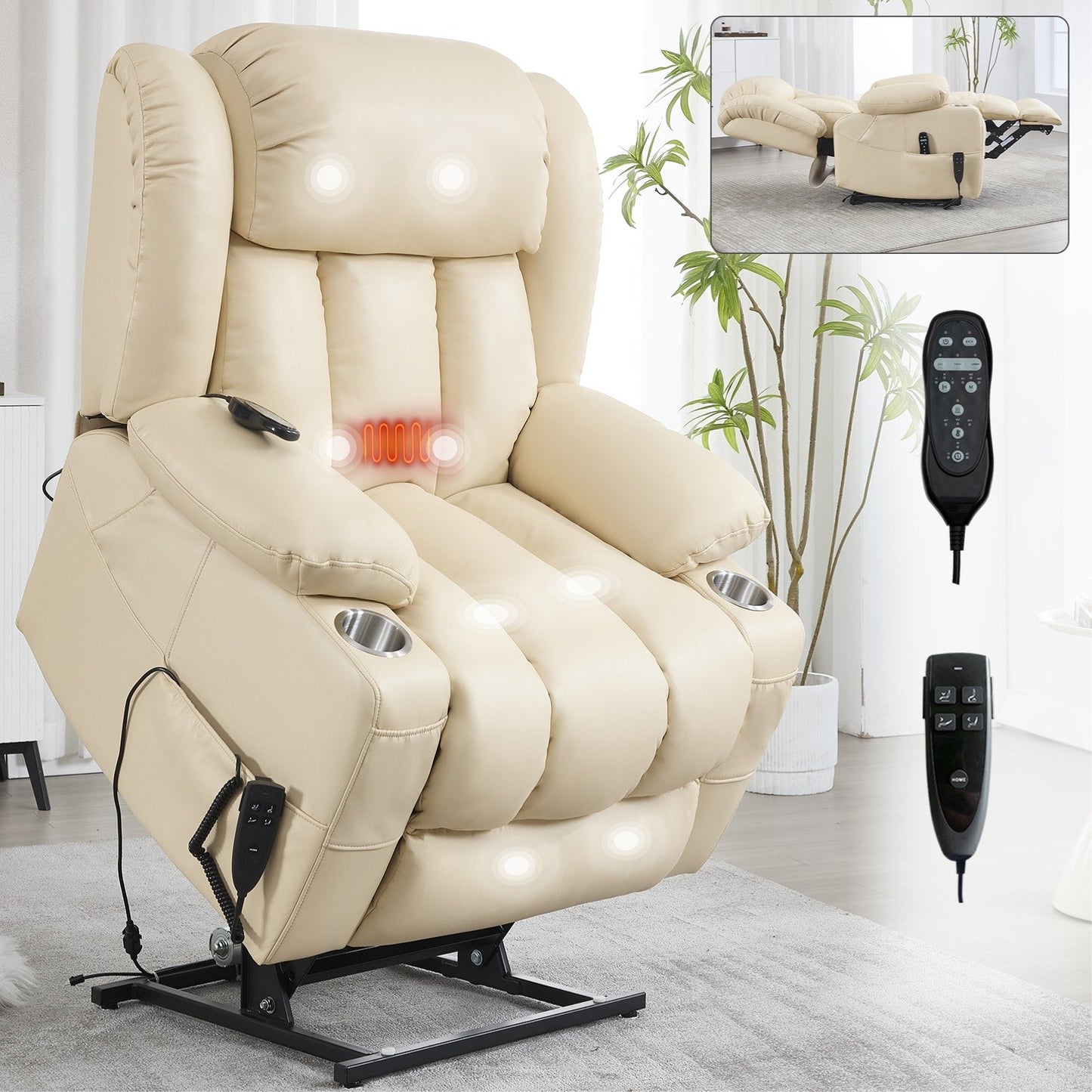 Fauteuil inclinable électrique à double moteur, position infinie, mécanisme de mouvement robuste avec massage et chauffage lombaire, porte-gobelets
