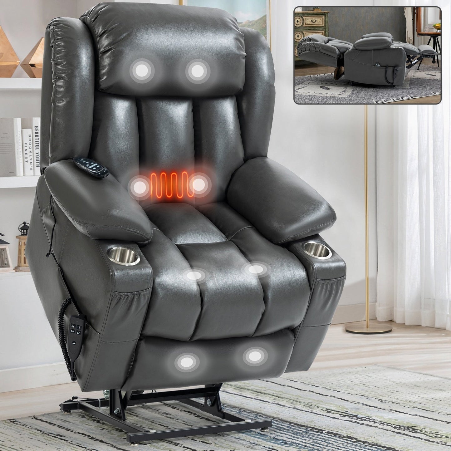 Fauteuil inclinable électrique à double moteur, position infinie, mécanisme de mouvement robuste avec massage et chauffage lombaire, porte-gobelets